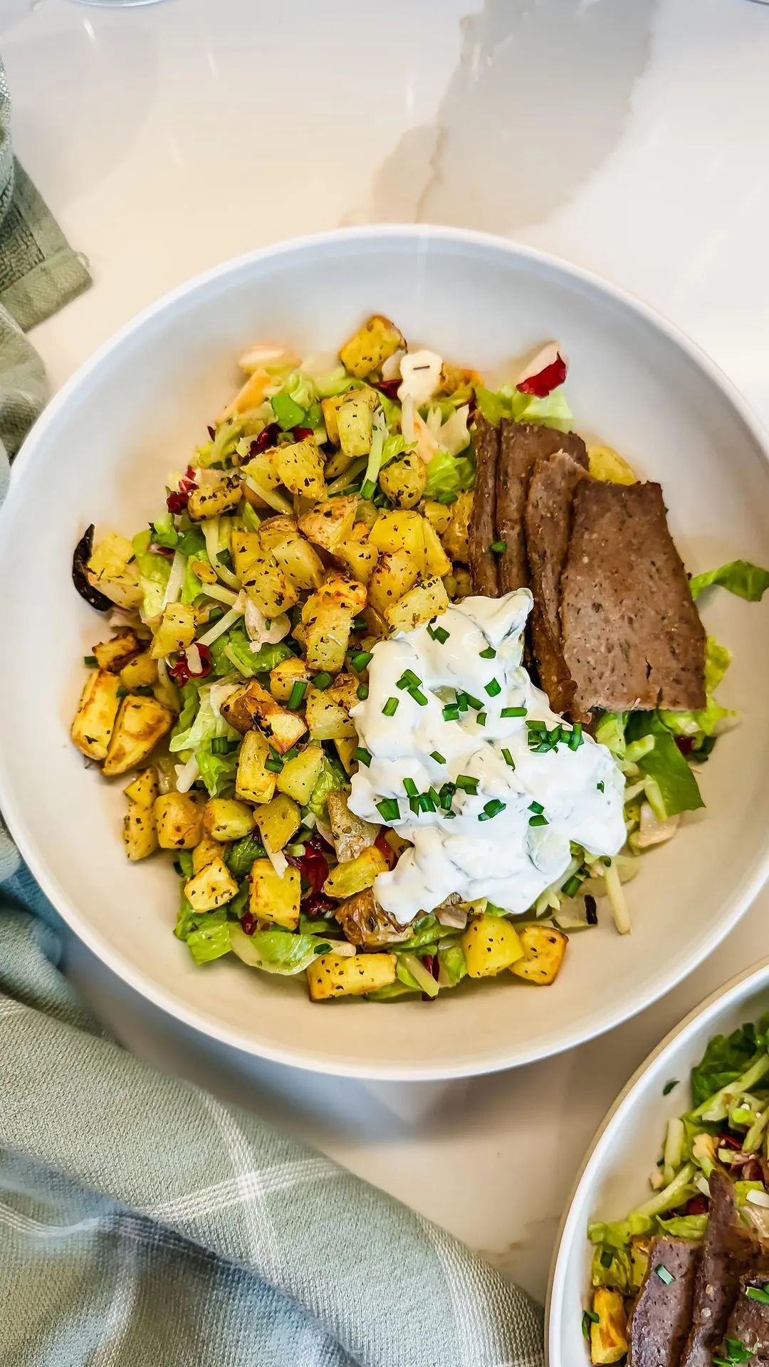 Trader Joe’s Mediterranean Style Salad with Gyro Slices and Golden Potatoes