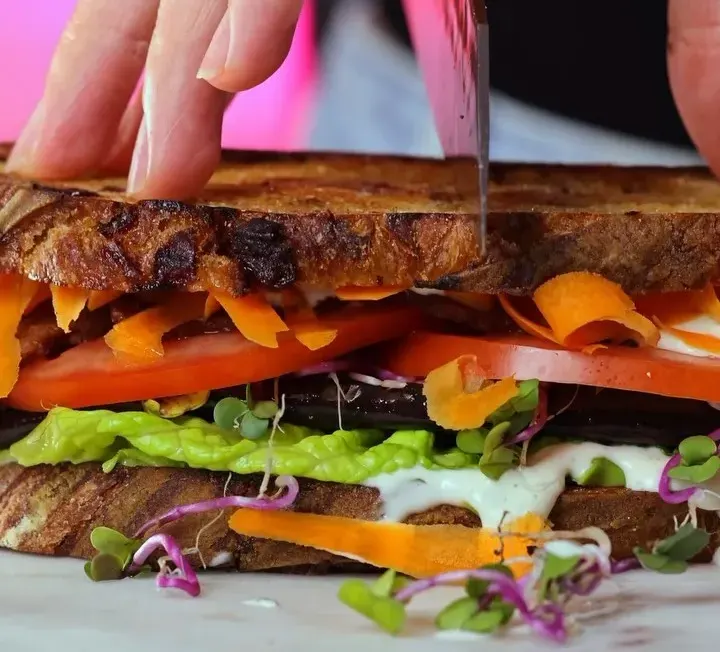 Vegan sandwich with eggplant and cranberry pecan bread