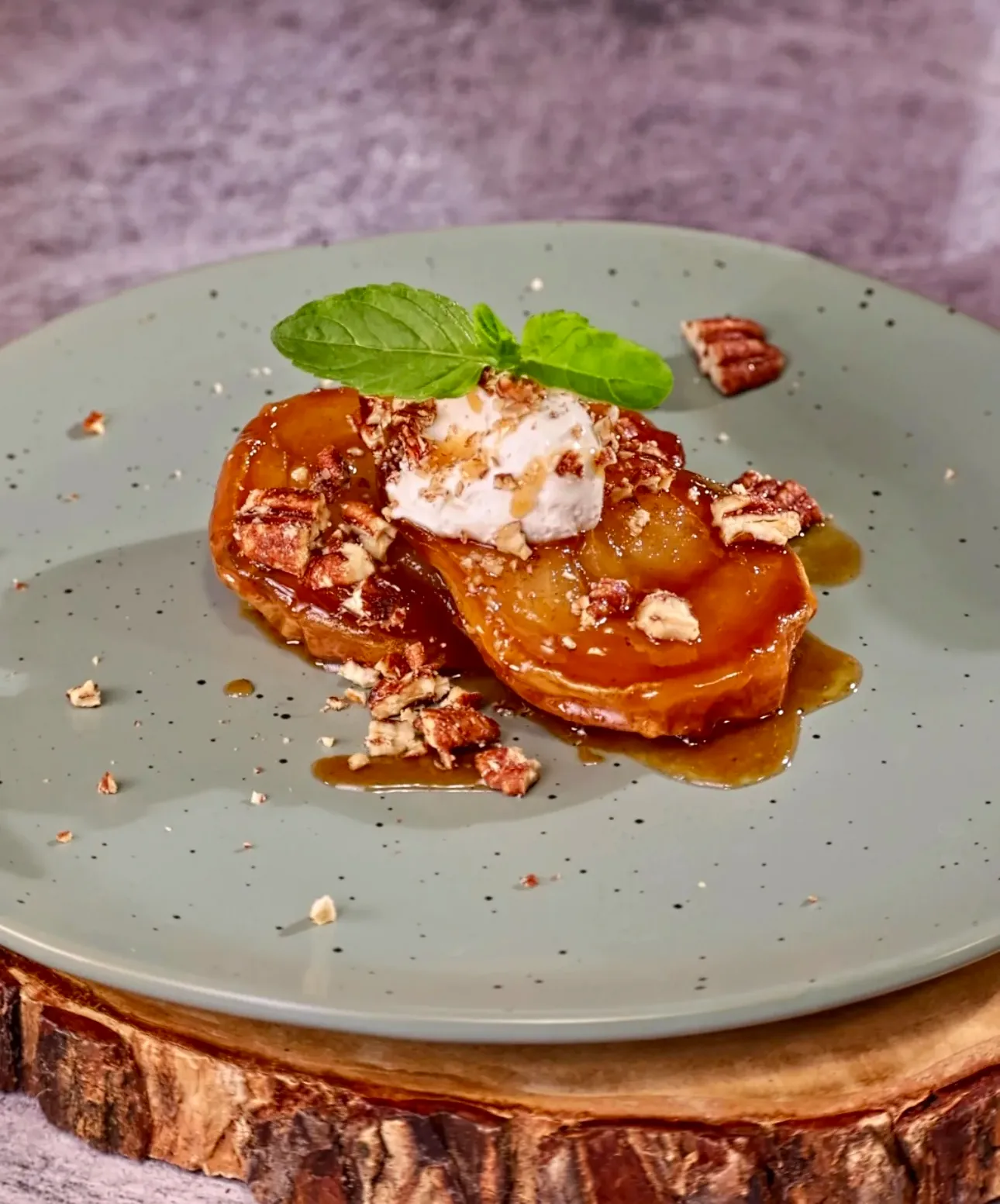 Roasted Pears with Salted Caramel Sauce, Goat Cheese, and Candied Pecans