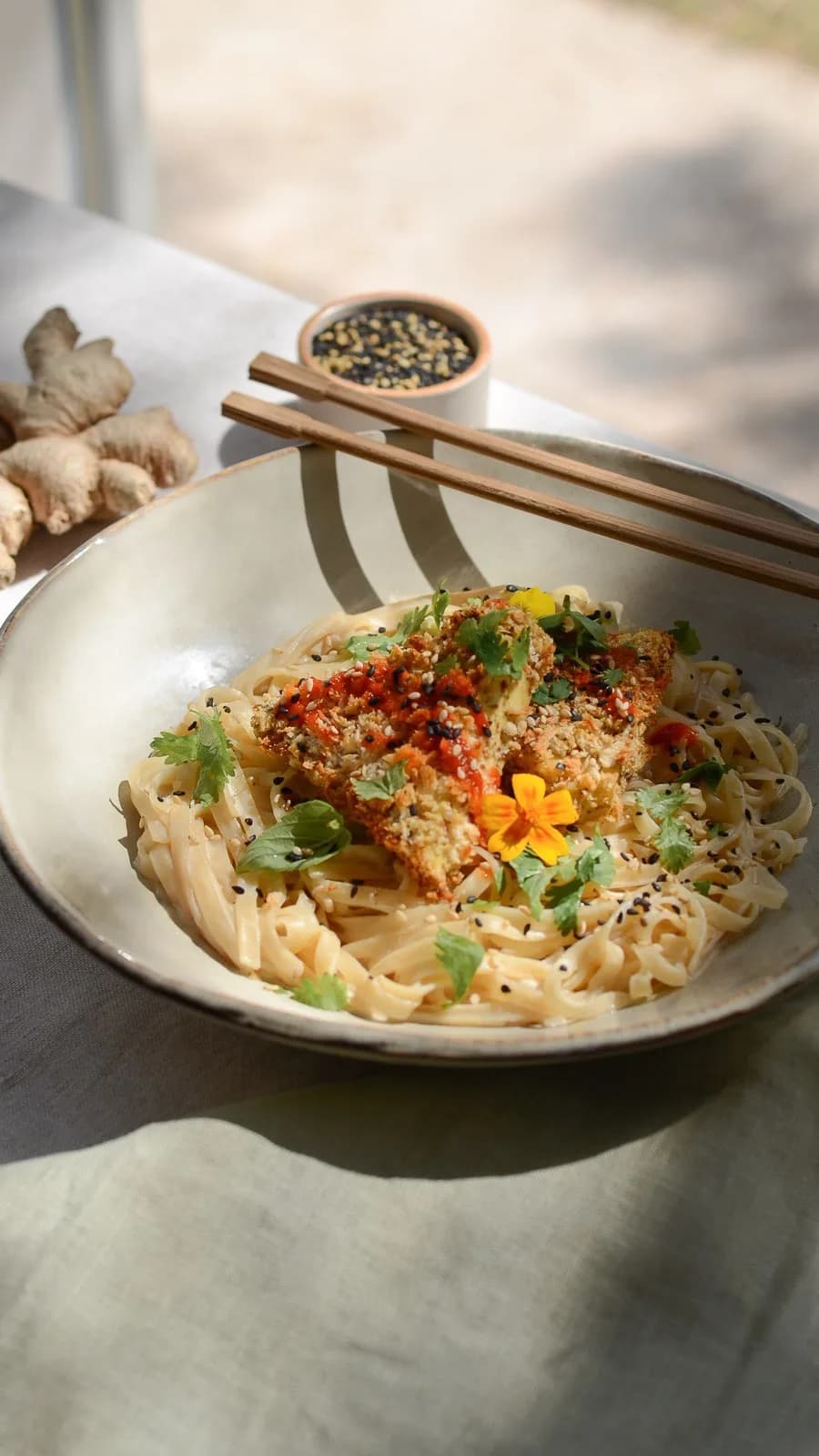 Sesame Ginger Noodles with Breaded Tofu