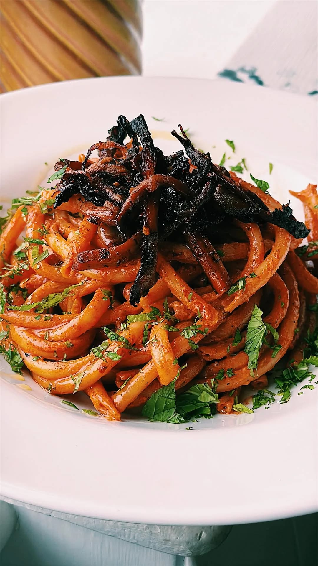15 Minute Turkish Pasta with Pulled Harissa Oyster Mushies