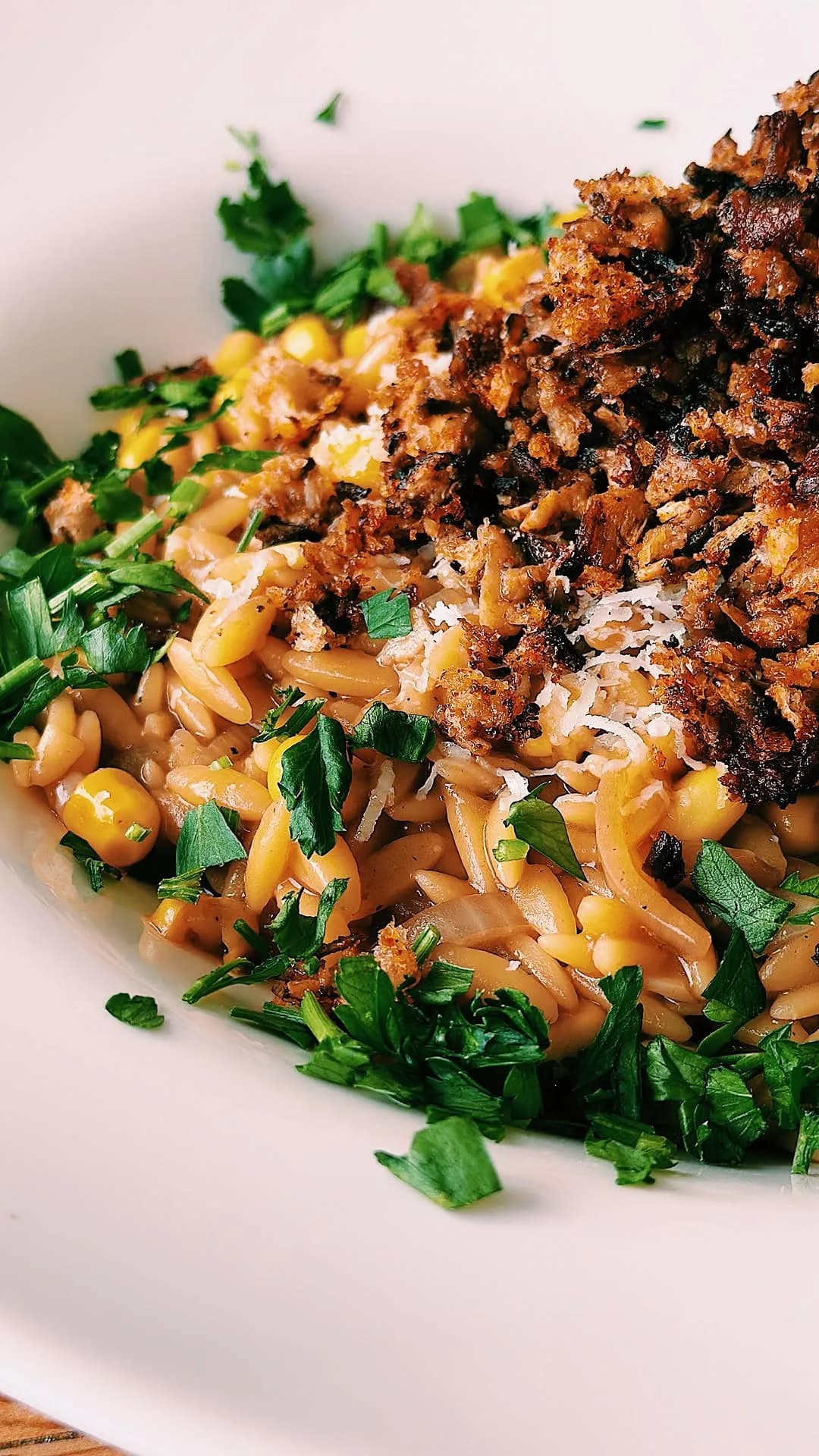 Creamy Corn Miso Orzo with Mushroom Pangrattato