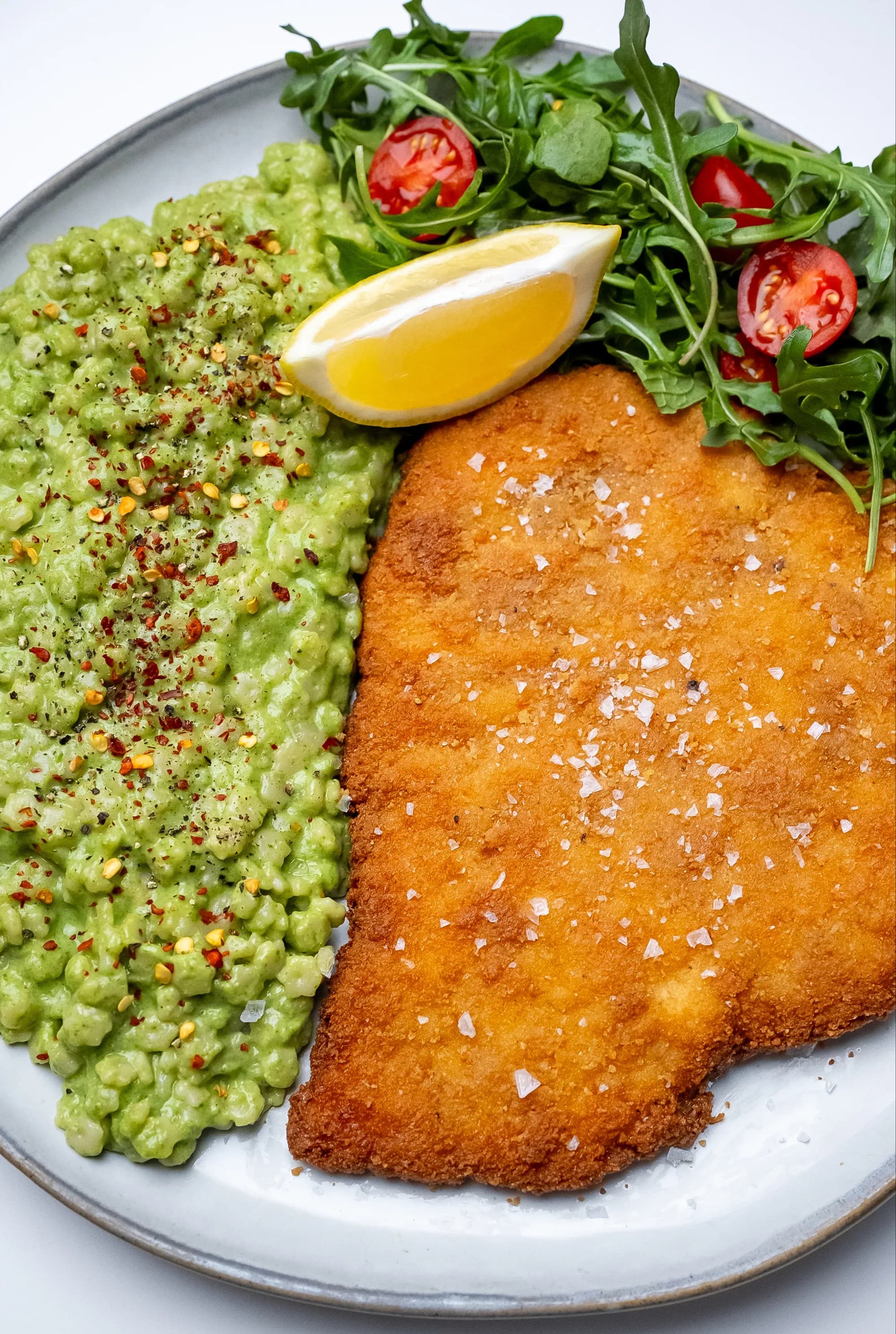 Crispy Chicken Schnitzel with Green Pasta Stars