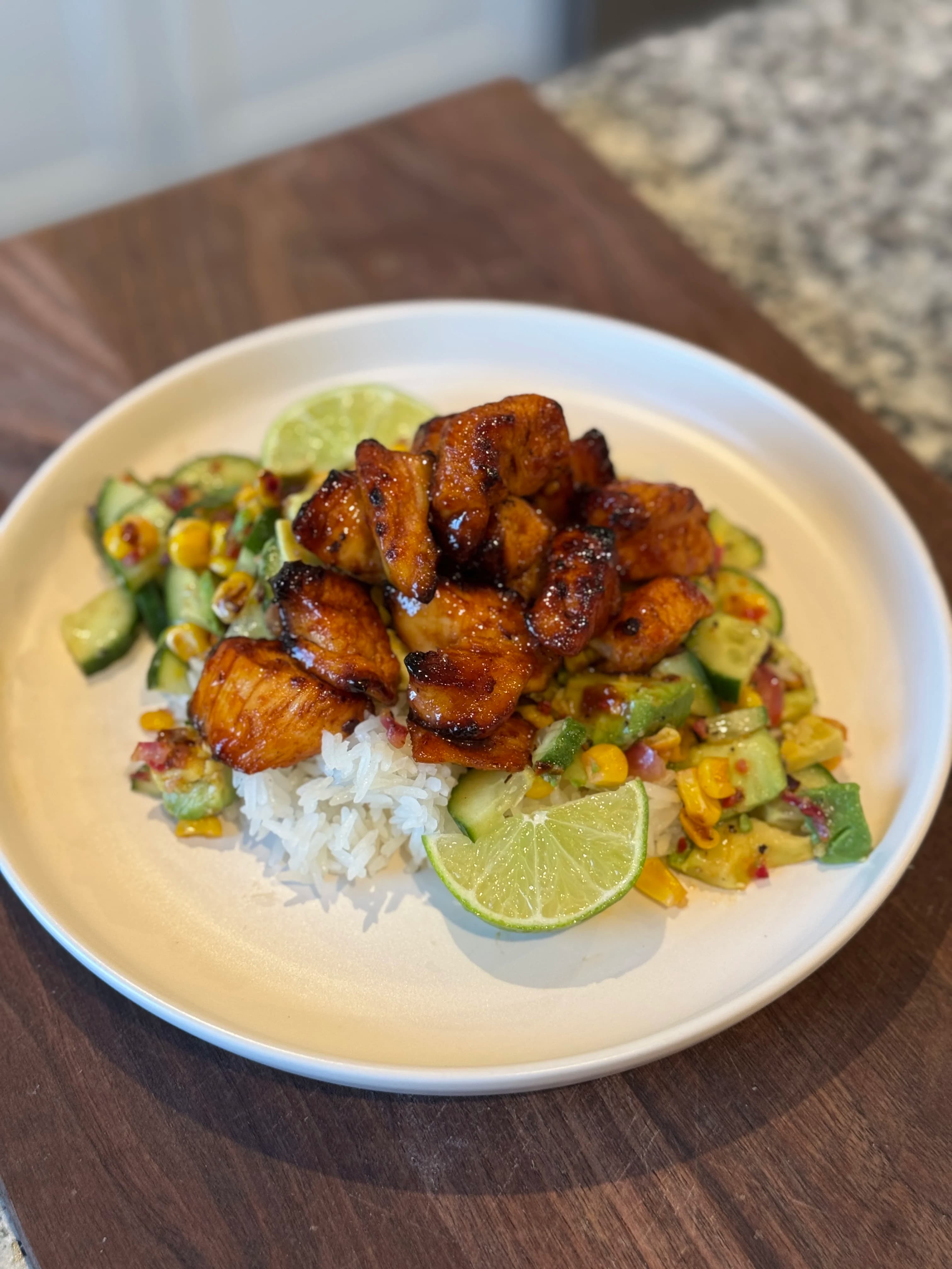 Crispy Sweet & Hot Chicken over Avocado & Corn Salad