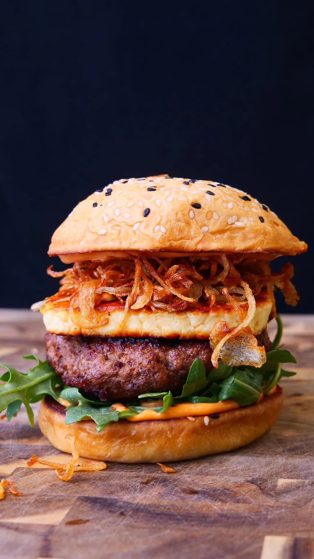 Lamb Burger with Halloumi, Crispy Onions & Harissa Mayo
