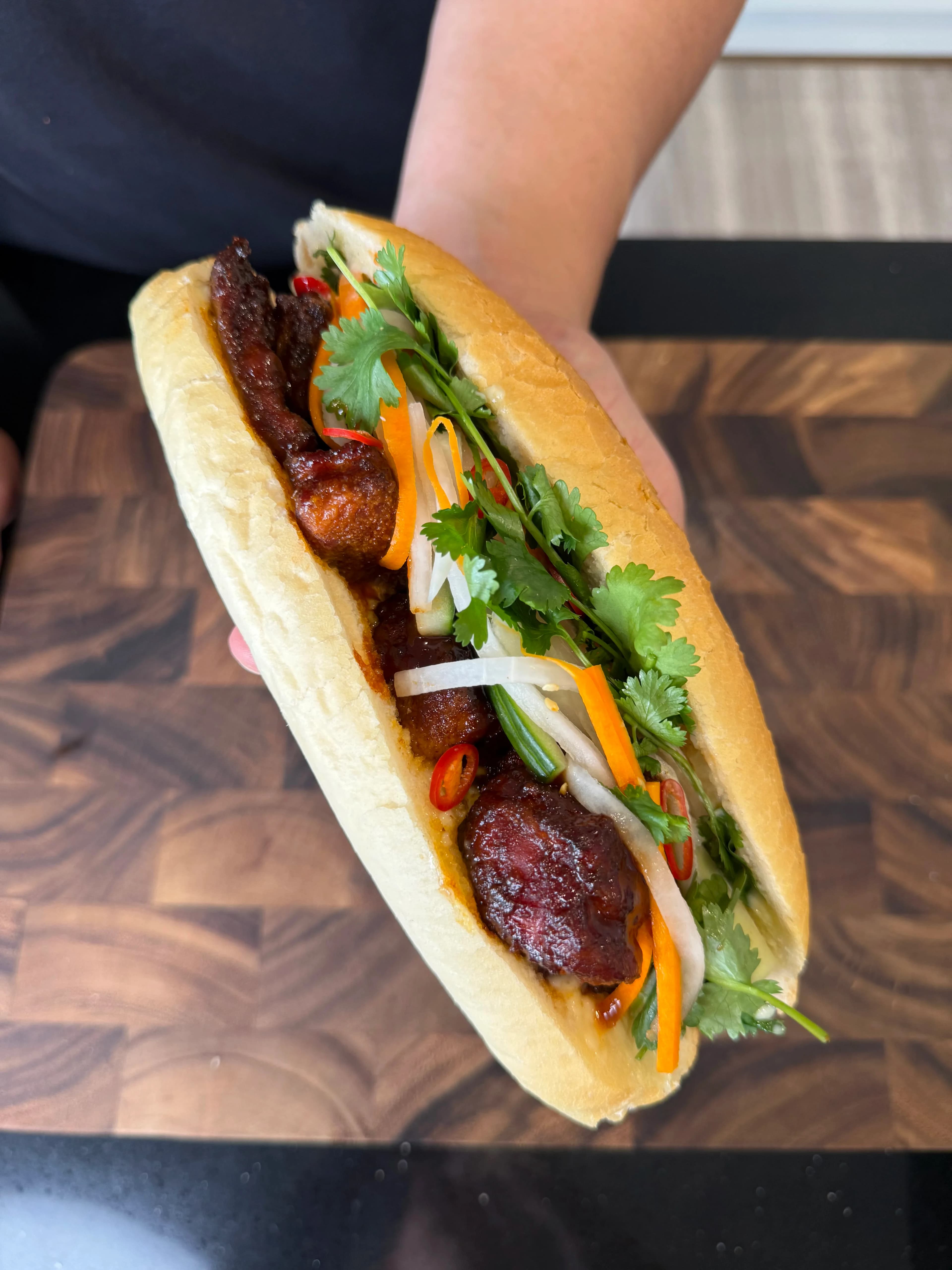 Pork Belly Burnt Ends Banh Mi using the Weber Q+ BBQ
