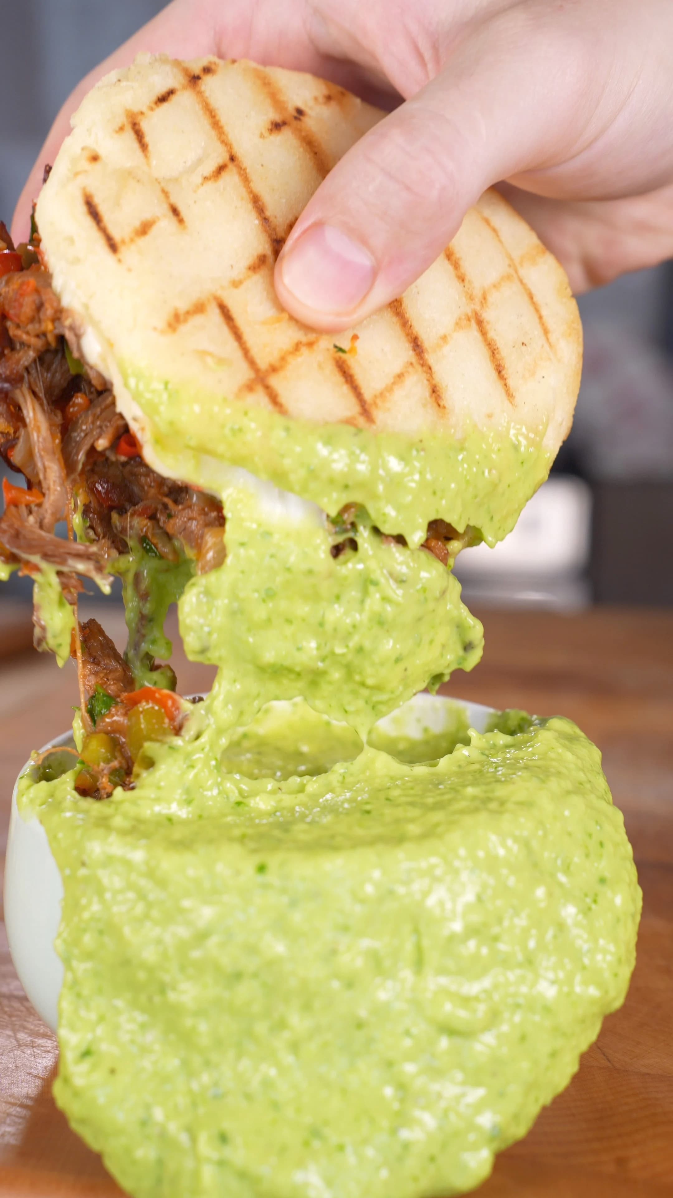 Arepas with Braised Beef and Guasacaca